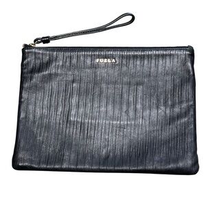 Furla black textured leather wristlet clutch